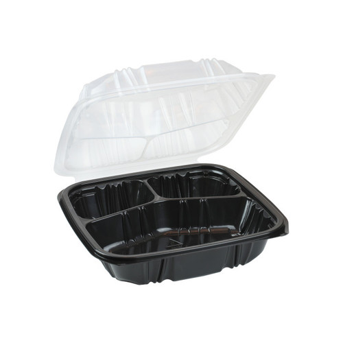 GFS Choice 8.5 x 8.5" Vented 3-Compartment Hinged Lid Container, Black/Clear, 150ct.