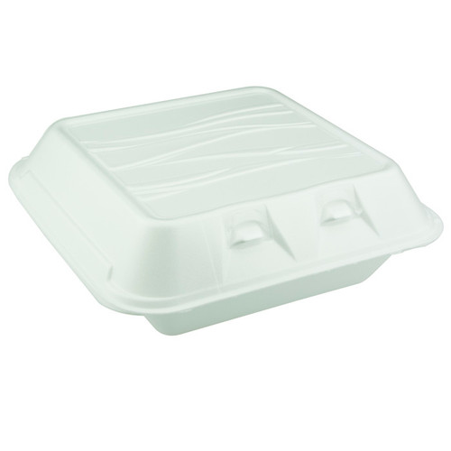 Sysco Trendz 8 x 8.5" PS Foam SmartLock Hinged Lid Container, White, 150 ct.