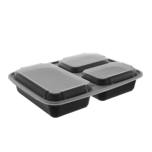 Newspring VERSAtainer 32 oz. 3-Compartment Rectangular PP Container and Lid, Black/Clear, 150 ct.
