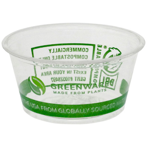 Greenware 2 oz. Compostable PLA Portion Cup with Print, Clear, 2,000 ct.