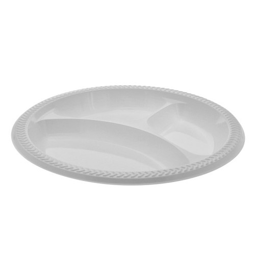 Pactiv Evergreen 10.25" 3-Compartment Meadoware Impact HIPS Plate, UPC, White, 500 ct.