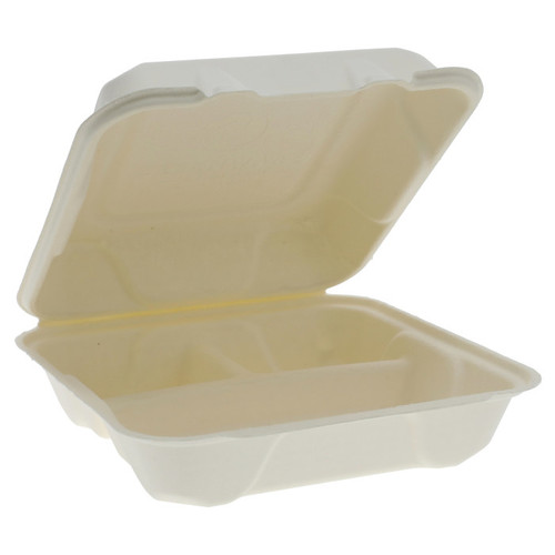 Greenware 9 x 9" PFAS-Free Compostable Fiber Blend 3-Compartment Hinged Lid Container, Natural, 200 ct.