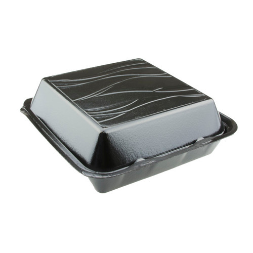 Sysco Trendz 9 x 9" PS Foam Double Laminated Hinged Lid Container, Black, 150 ct.