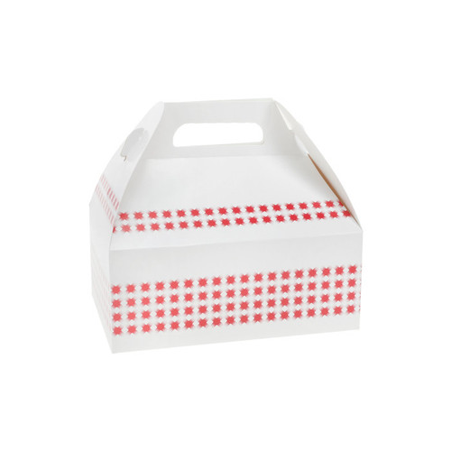 Pactiv Evergreen 8.5 X 5.5 X 3.5" Medium Paperboard Barn Box with Handle, Basketweave Red and White, 150 ct.