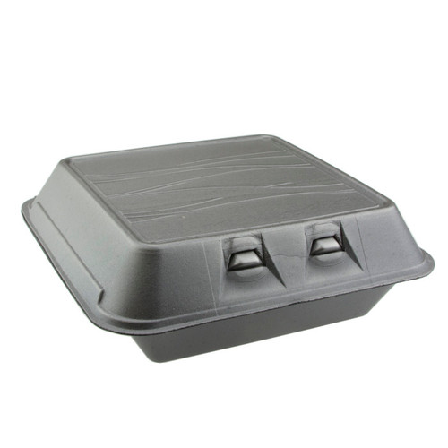 Sysco Trendz 9 x 9.5" PS Foam SmartLock 3-Compartment Hinged Lid Container, Black, 150 ct.