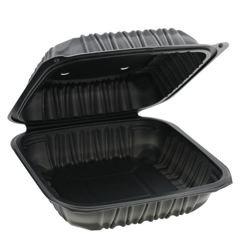 Gordon Food Service Gordon Choice 8 x 8" Vented MFPP Hinged Lid Container, Black, 200 ct.