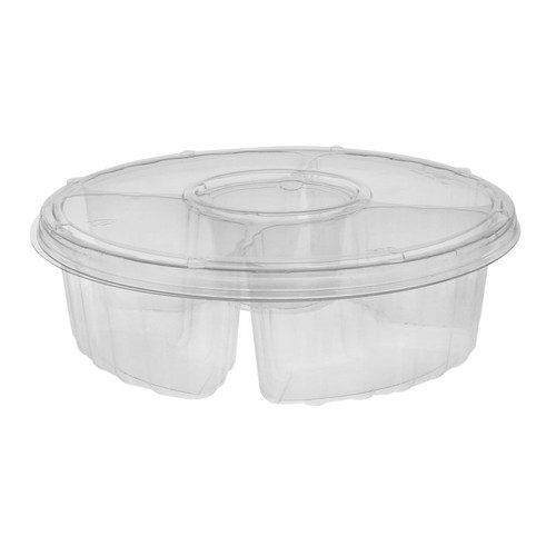Pactiv Evergreen 10? 64 oz. 4-Compartment Round Platter with Dip Cup and Lid, Clear, 100 ct.