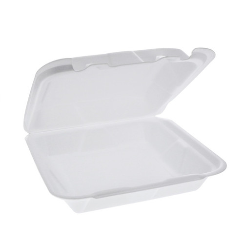 Pactiv Evergreen 8 x 8 x 2" PS Foam Very Shallow Hinged Lid Container, Happy Face Embossing, White, 200 ct.