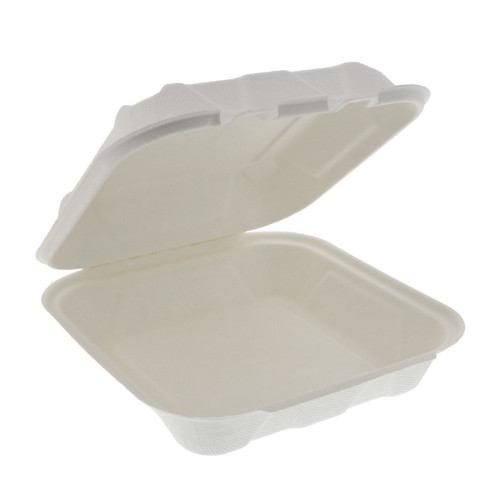EarthChoice 8 x 8 x 3" Compostable Fiber Blend Hinged Lid Container, White, 150 ct.-YMFH08010000