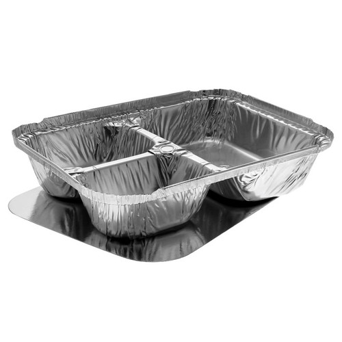 Sysco Classic 24 oz. Oblong 3-Compartment Aluminum Tray with High Divider and Board Lid, 200 ct.-7139TPSYSVNA