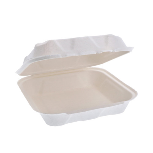 EarthChoice 8 x 8 x 3" PFAS-Free Compostable Fiber Blend Hinged Lid Container, White, 150 ct.-YMCH0801PFREE