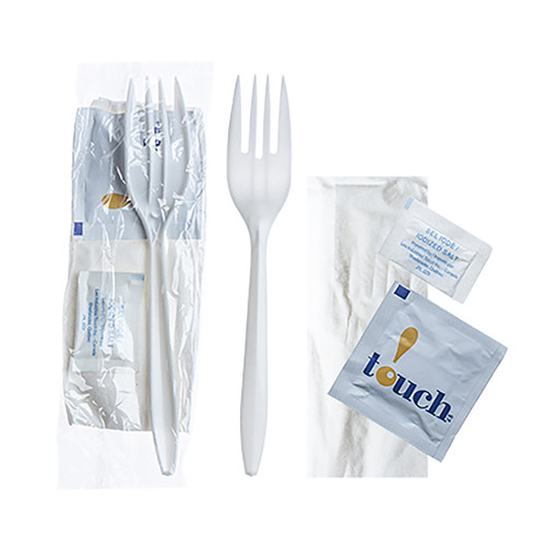 Touch® Cutlery Kits White Cutlery Kit - Fork, Napkin, Salt, Wet Napkin (TI91999)