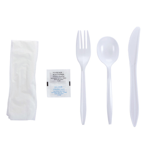 Touch® Cutlery Kits White Cutlery Kit - Knife, Fork, Teaspoon, Napkin, Salt, Pepper (TI91995)