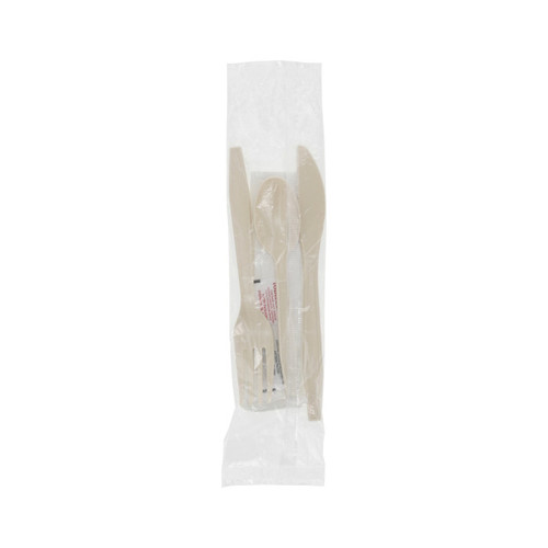 Sysco Earth Plus Full Length Heavy Weight PSM Wrapped Plastic Cutlery Set (Fork, Spoon, Knife, Napkin, Salt and Pepper), Tan, 250 ct.