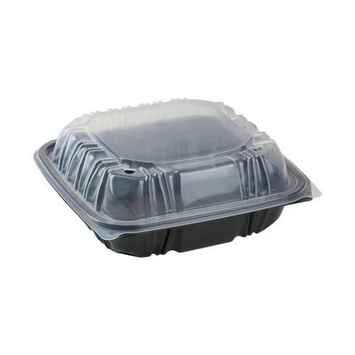 EarthChoice 8.5 x 8.6" Vented Dual-Color 3-Compartment PP Hinged Lid Container, Black/Clear, 150 ct.