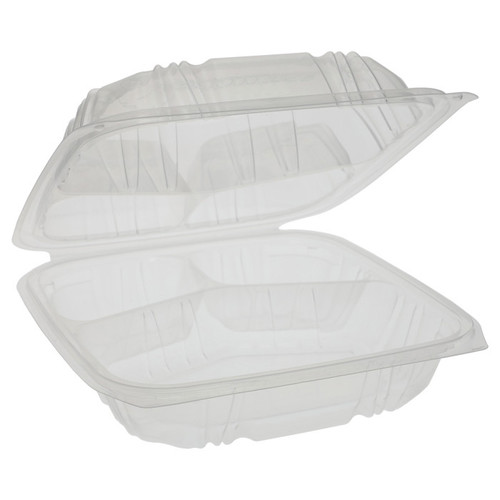 EarthChoice 8.5 x 8.5" Vented 3-Compartment PP Hinged Lid Container, Clear, 150 ct.