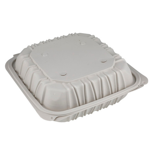 EarthChoice 8.5 x 8.5" Vented MFPP Hinged Lid Container with Printed Sleeves, White, 146 ct.