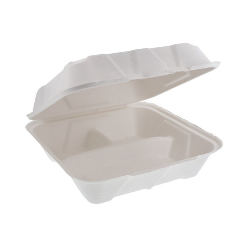 GFS Re.Source 9 x 9" PFAS-Free Compostable Fiber Blend 3-Compartment Hinged Lid Container, Natural, 150 ct.