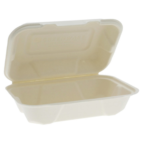 Greenware 9 x 6" PFAS-Free Compostable Fiber Blend Hinged Lid Container, Natural, 200 ct.
