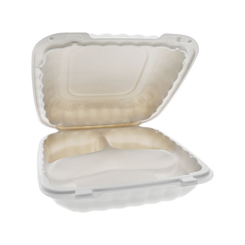 Sysco Earth Plus 9 x 9" 3-Compartment MFPP Hinged Lid Container, White, 120 ct.