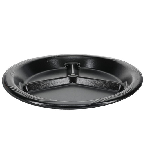 Sysco Classic 10.25" Laminated 3-Compartment PS Foam Plate, Black, 540 ct.
