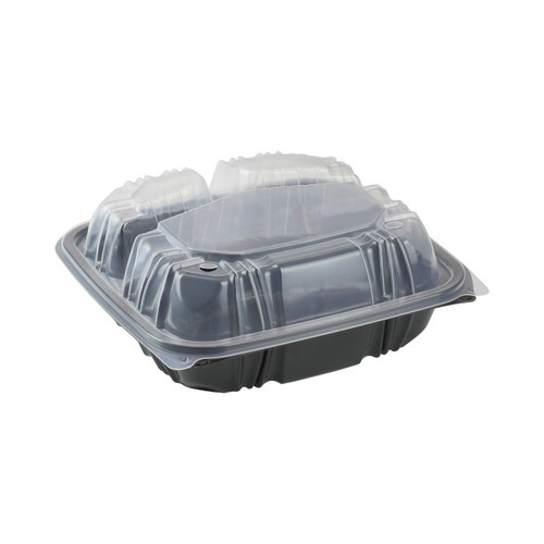 Sysco Earth Plus Sysco 8.5 x 8.6" Vented Dual-Color 3-Compartment PP Hinged Lid Container with 3-Compartment Lid, Black/Clear, 150 ct.