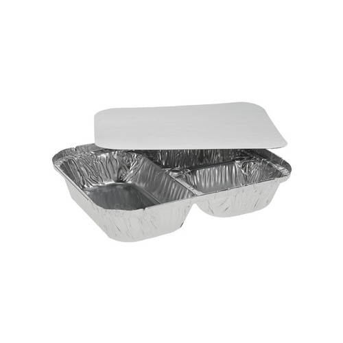 Sysco Classic 24 oz. Oblong 3-Compartment Aluminum Tray with High Divider and Board Lid, 200 ct.