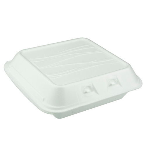 Sysco Trendz 7.5 x 8" PS Foam SmartLock 3-Compartment Hinged Lid Container, White, 150 ct.