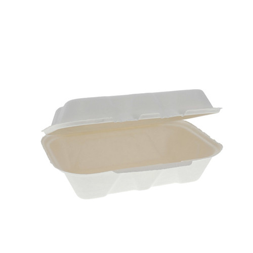 Sysco Earth Plus 9 x 6" PFAS-Free Compostable Fiber Blend Hinged Lid Container, White, 150 ct.