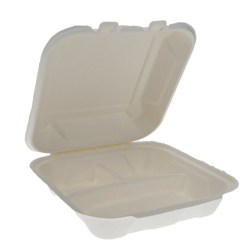 Sysco Earth Plus 8 x 8" PFAS-Free Compostable 3-Compartment Fiber Blend Hinged Container, White, 150 ct.