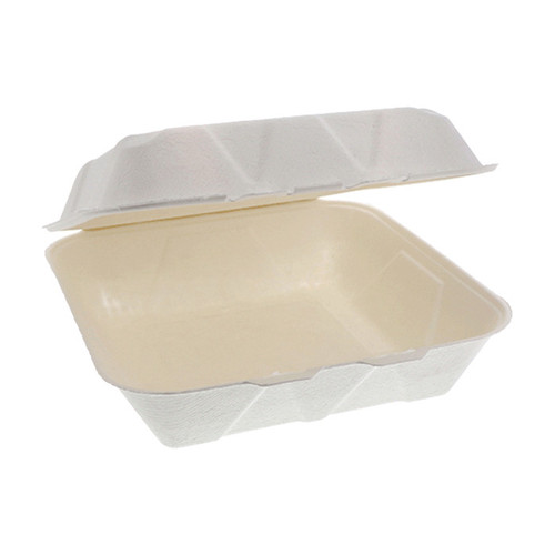 Sysco Earth Plus 9 x 9" PFAS-Free Compostable Fiber Blend Hinged Lid Container, White, 150 ct.