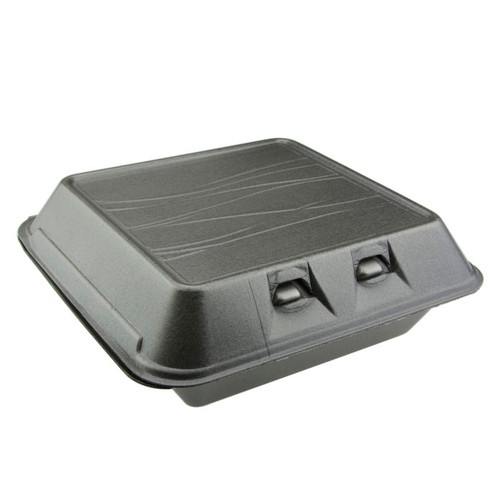 Sysco Trendz 9 x 9.5" PS Foam SmartLock Hinged Lid Container, Black, 150 ct.