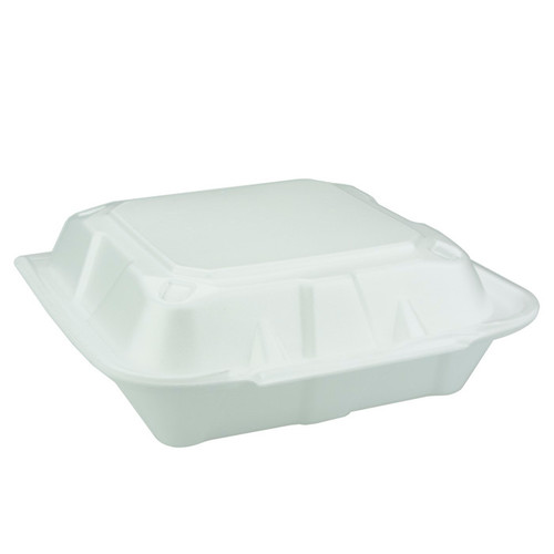 Sysco Classic 8 x 8" Vented PS Foam 3-Compartment Hinged Lid Container, White, 150 ct.