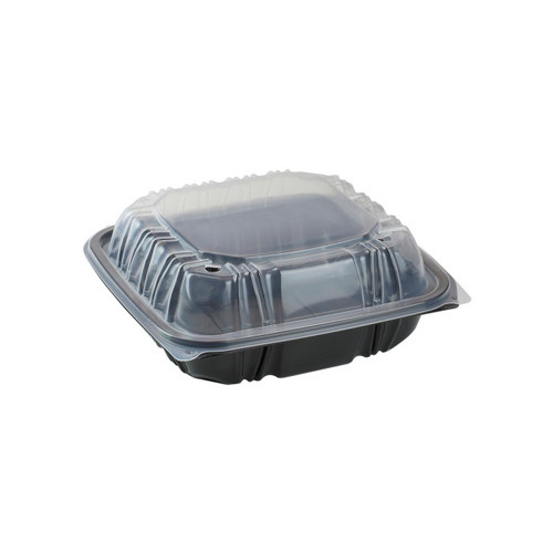 US Foods Monogram 7.5 x 7.5" Vented Hinged Lid Container, Black/Clear, 150ct.