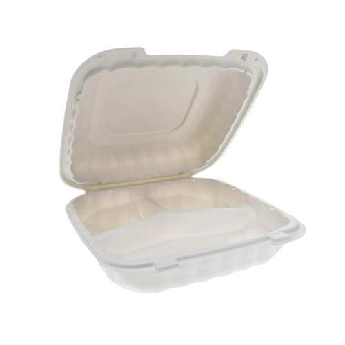 US Foods Monogram 8 x 8" 3-Compartment MFPP Hinged Lid Container, White, 200 ct.