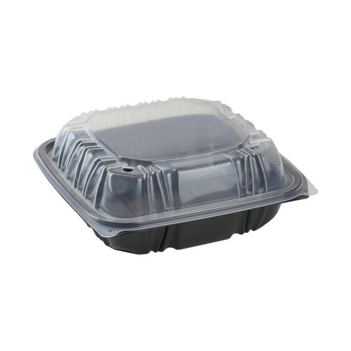 US Foods Monogram 8.5 x 8.5" Vented Hinged Lid Container, Black/Clear, 150ct.