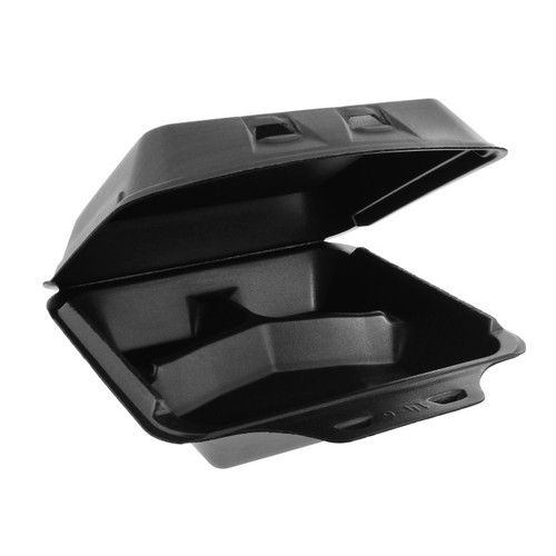 US Foods Monogram 9 x 9" 3-Compartment PS Foam Intellilock Hinged Lid Container, Black, 150 ct.