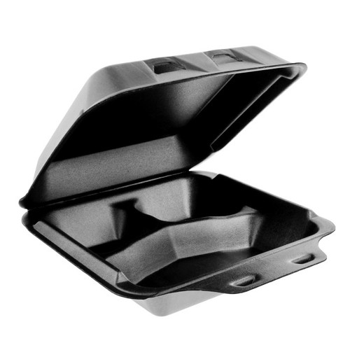 US Foods Monogram 8 x 8.5" 3-Compartment PS Foam Intellilock Hinged Lid Container, Black, 150 ct.