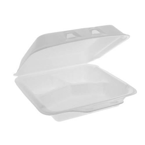 US Foods Monogram 7.5 x 8" PS Foam Intellilock 3-Compartment Hinged Lid Container, White, 150 ct.