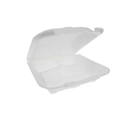 US Foods Valu+Plus 9 x 9" Vented PS Foam 3-Compartment Economy Hinged Lid Container, White, 150 ct.