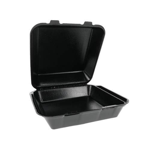 US Foods Monogram 9 x 9" PS Foam Double Laminated Hinged Lid Container, Black, 150 ct.