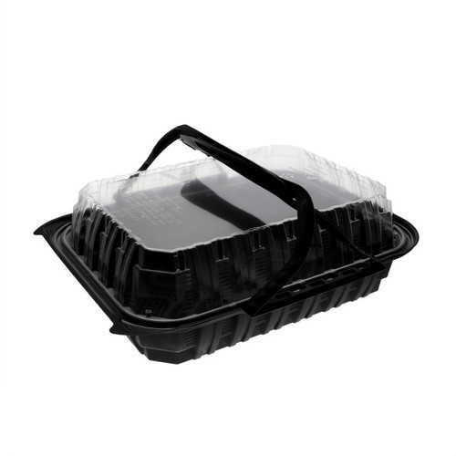 Pactiv Evergreen MealMaster 14 x 10.5 x 4" Large 16 Piece Chicken Barn with Handle, MFPP Base and OPS Lid, Black/Clear, 50 ct.