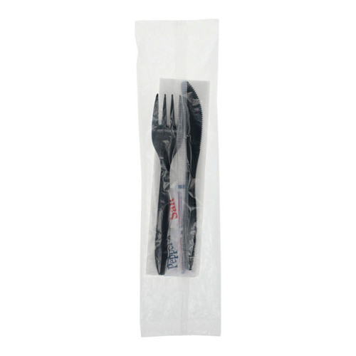 Pactiv Evergreen Fieldware Medium Weight Wrapped PP Cutlery Kit (Fork, Knife, Napkin), Black, 250 ct.
