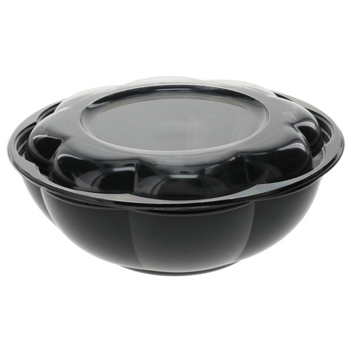 Pactiv Evergreen 9.75" 80 oz. PET Swirl Bowl with Lid, Black/Clear, 120 ct.