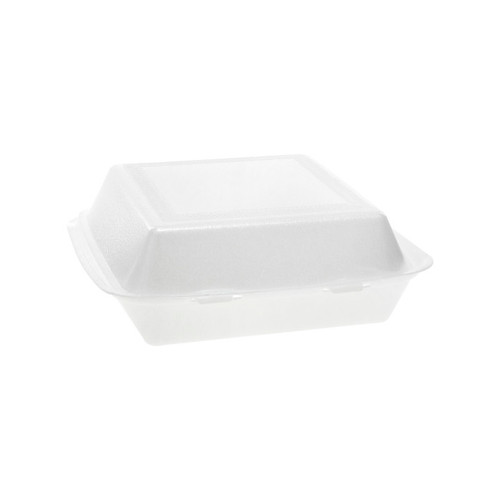 Pactiv Evergreen 9 x 9 x 3.4" PS Foam Double Laminated Hinged Lid Container, White, 150 ct.
