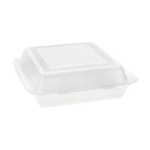Pactiv Evergreen 8.4 x 8.4 x 2.5" PS Foam Double Laminated Hinged Lid Container, White, 150 ct.