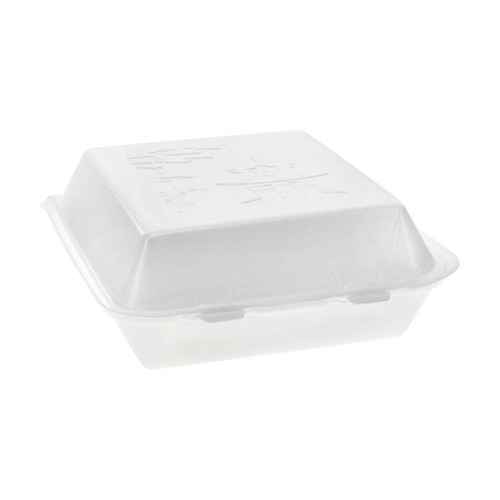Pactiv Evergreen 8 x 8" PS Foam Hinged Lid Container with Pagoda Design Embossing, White 150 ct.