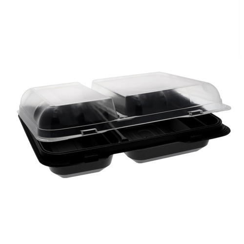 Pactiv Evergreen 10.75 x 8" Dual Color SmartLock 2-Compartment OPS Dinner Box Hinged Lid Container, Black/Clear, 125 ct.