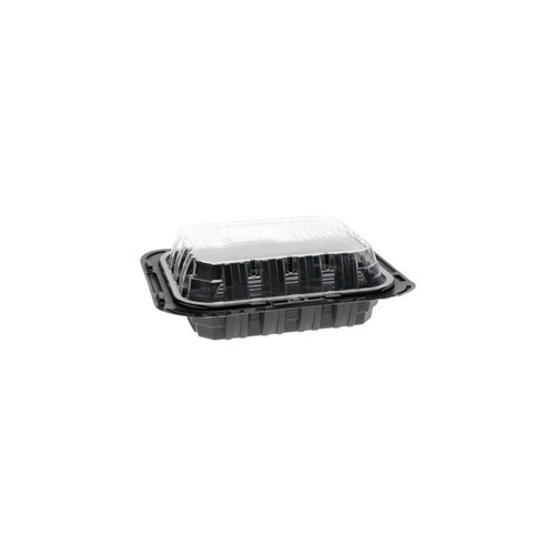 Pactiv Evergreen MealMaster 9.5 x 8 x 3" Small 4-Piece Chicken Barn MFPP Base and OPS Lid, Black/Clear, 100 ct.