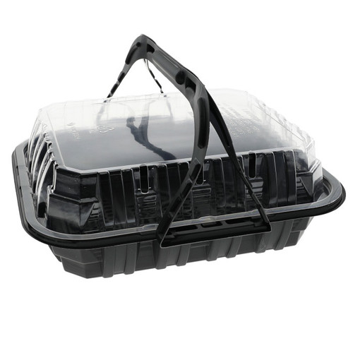 Pactiv Evergreen MealMaster 9.5 x 8 x 3" Small 4-Piece Chicken Barn with Handle, MFPP Base and OPS Lid, Black/Clear, 100 ct.